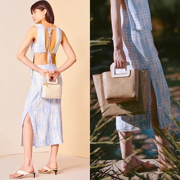 STAUD 90s Pastel Cloud Dye Print High Waist Side Slit Pencil Midi Slip Skirt 2 - Picture 3 of 8